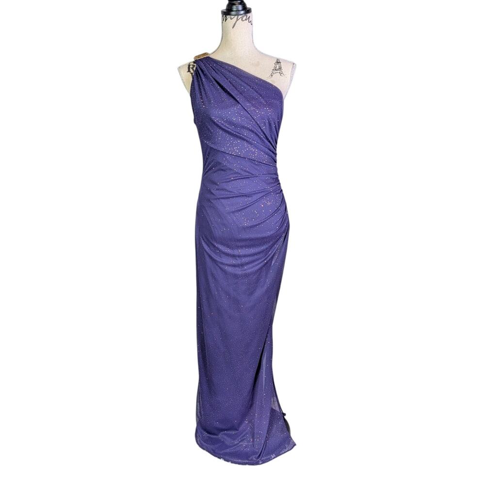 Betsy & Adam Purple Glitter One Shoulder Ruched Evening Gown Prom Dress 8